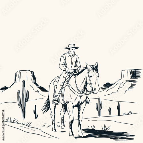 Vintage Cowboy on Horse with Arizona Desert, Hand-Drawn Black and White Engraving Style Retro Line Art Illustration isolated on whte background