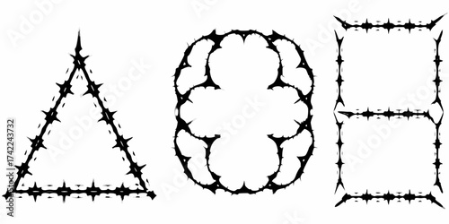 Abstract geometric shapes with sharp spiky edges in black and white on a white background