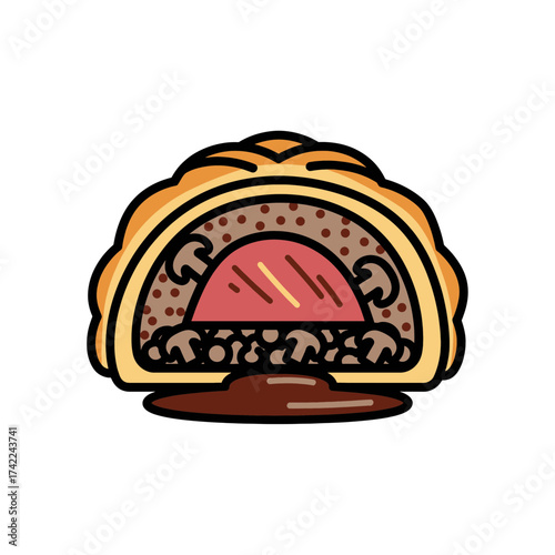 Delicious meat pie with mushrooms and gravy a savory food illustration.