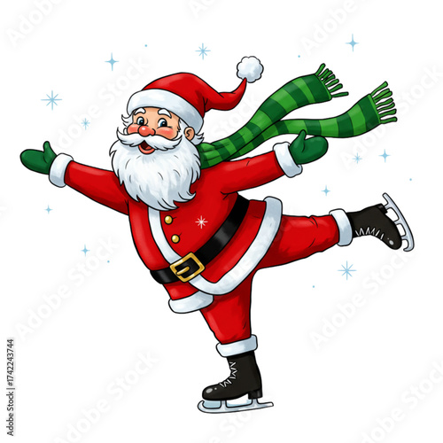 Cartoon Santa Claus Ice Skating with Green Scarf and Snowflakes - Festive Christmas Winter Fun Vector Illustration Isolated on Transparent Background