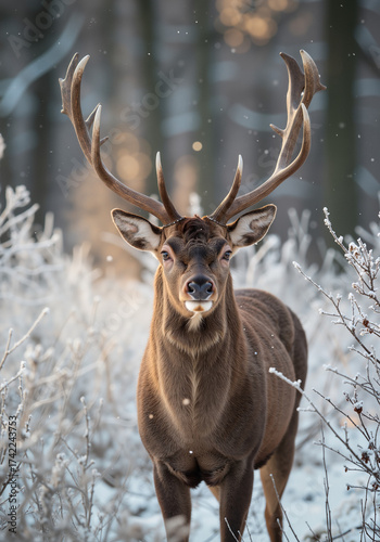Majestic deer with large antlers standing in snowy thicket during winter  