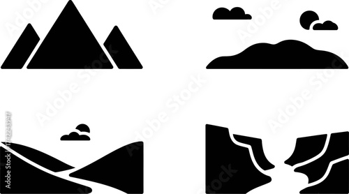 Stylized collection of diverse mountain landscapes and natural formations in a simple, graphic style.