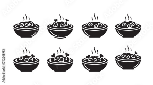 Set of eight stylized bowls filled with food and steam rising upward vector