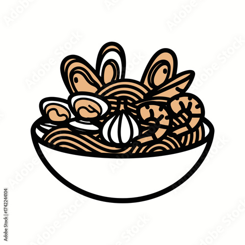 Delicious seafood ramen bowl with noodles shrimp and clams a culinary delight.