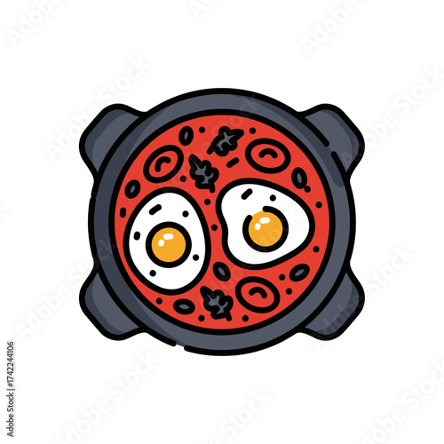 Delicious fried eggs in a pan with red sauce and herbs top view.