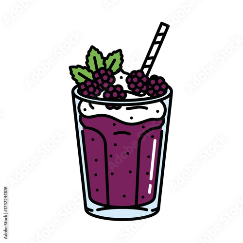 Delicious blackberry smoothie with whipped cream and a straw.