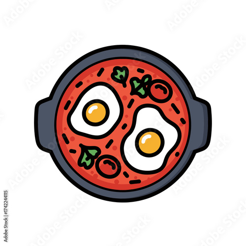 Delicious Shakshuka Dish with Poached Eggs and Fresh Herbs in a Pan.