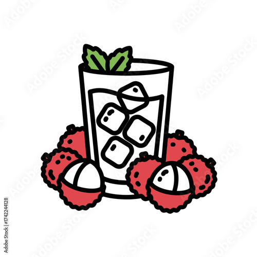 Refreshing lychee drink with ice cubes and mint leaves a summer beverage.
