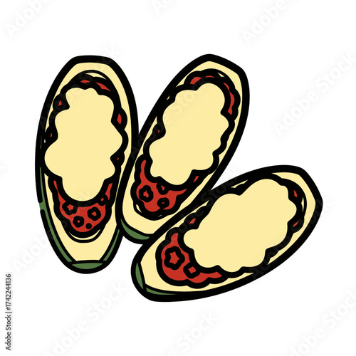 Three slices of a food item with a light yellow interior and red details.