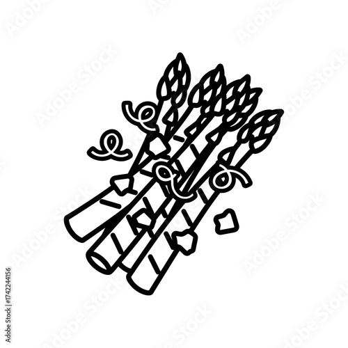 Fresh green asparagus vegetable bunch with decorative elements.