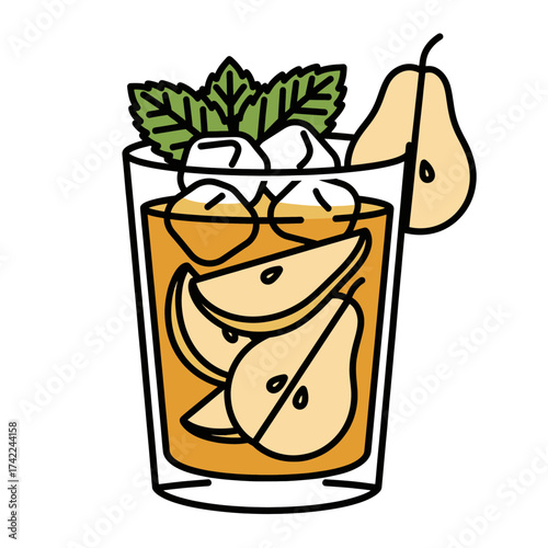 Refreshing pear cocktail with ice and mint garnish a summer drink.