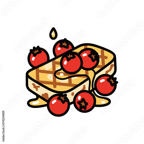 Delicious waffle with fresh tomatoes and sweet syrup a tasty breakfast.