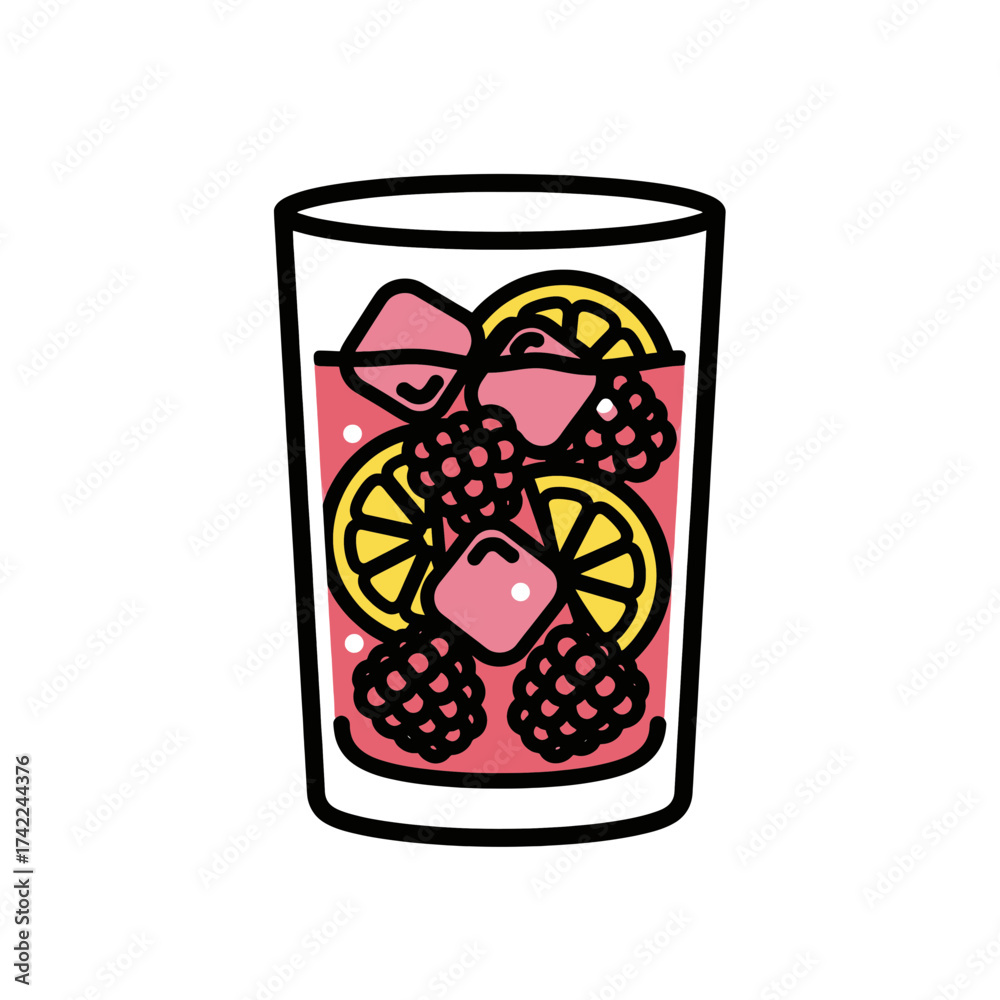 Obraz premium Refreshing summer drink with ice lemon slices and berries.