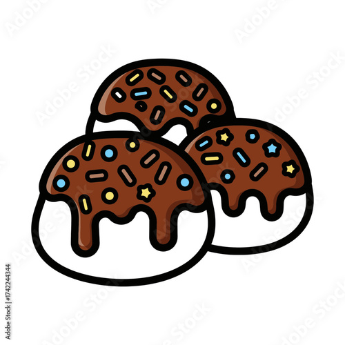 Delicious chocolate covered donuts with colorful sprinkles and frosting.