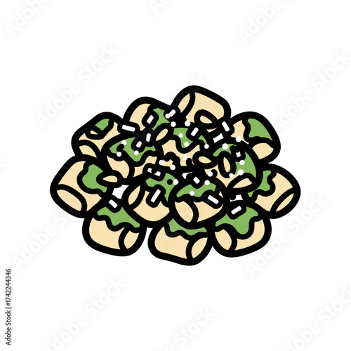 Delicious and appetizing food illustration with green sauce and white sprinkles.