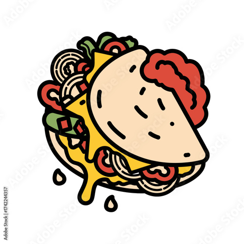 Delicious and colorful taco illustration with various fillings and toppings.