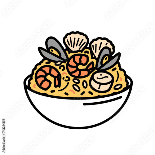 Delicious seafood paella dish with shrimp mussels and scallops in a bowl.