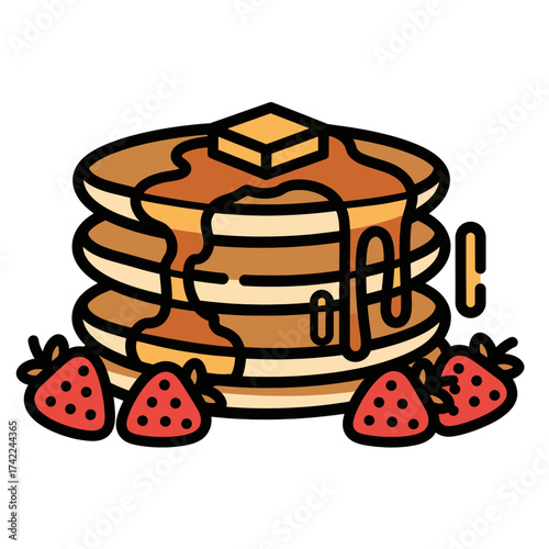 Delicious stack of pancakes with syrup and fresh strawberries breakfast food.