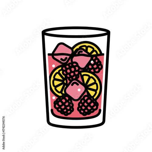 Refreshing summer drink with ice lemon slices and berries.