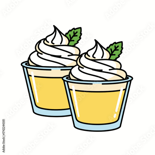 Two delicious desserts with whipped cream and mint leaves in glasses.