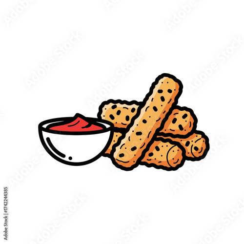 Delicious golden fried mozzarella cheese sticks with dipping sauce.