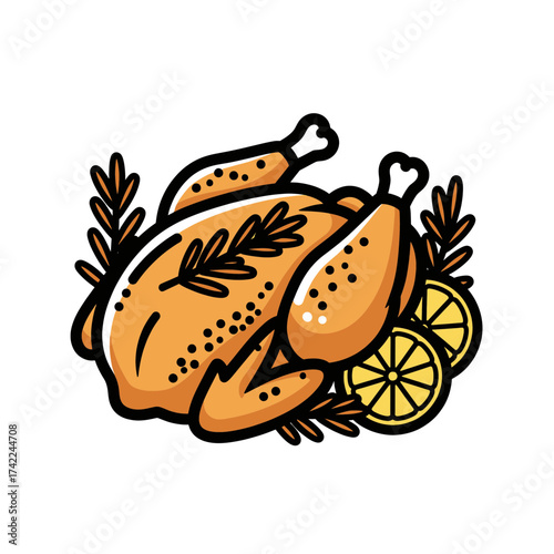 Roasted chicken with lemon and herbs delicious food illustration.