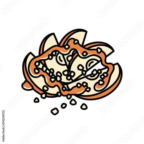 Close up of a sliced fruit with seeds and pulp isolated on white background.