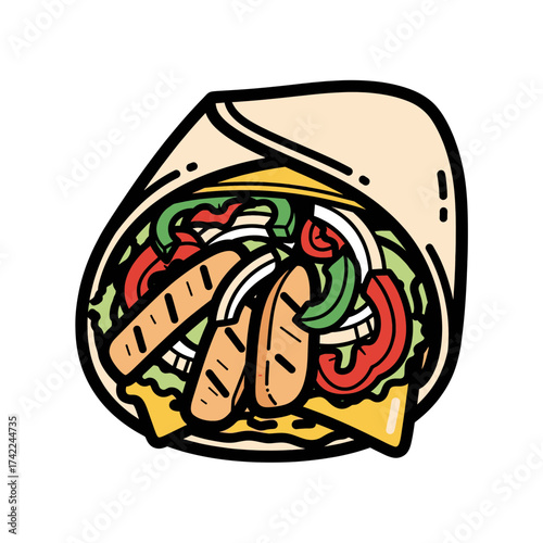 Delicious and colorful burrito with various fillings and ingredients.