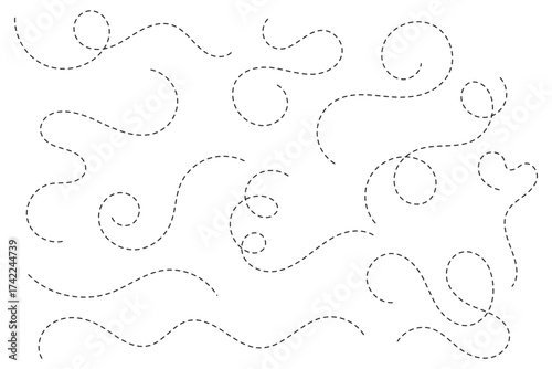 Hand drawn curve dotted line. Curly dotted line. Long dashed hand drawn squiggle. Dotted spiral curve line.