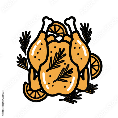 Roasted chicken with herbs and lemon slices delicious and appetizing.