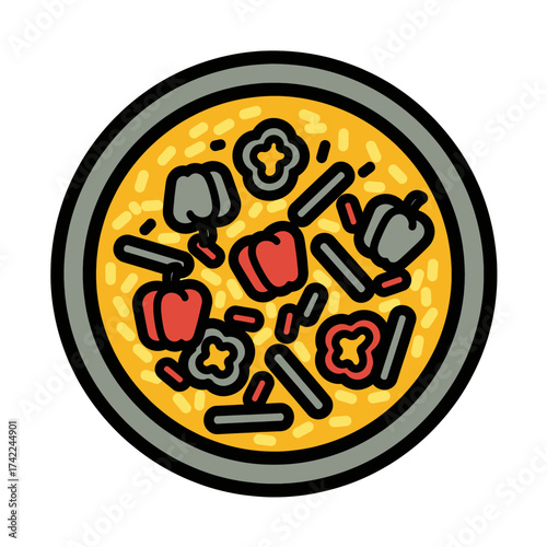 Delicious and colorful paella dish with vegetables and rice top view.