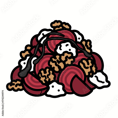 Beetroot salad with walnuts and balsamic glaze healthy food illustration.