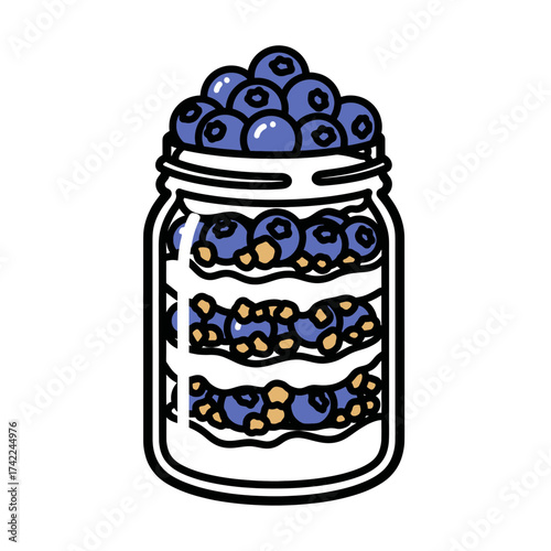 Delicious blueberry parfait in a mason jar layered with cream and granola.