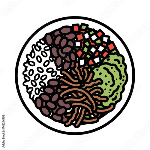 Colorful and delicious burrito bowl with various ingredients.