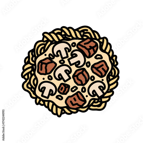 Delicious pasta dish with mushrooms and meat cubes a culinary delight.