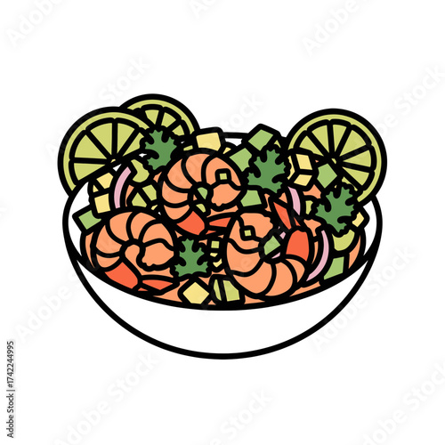 Delicious Shrimp Ceviche in a White Bowl with Lime Slices and Fresh Herbs.