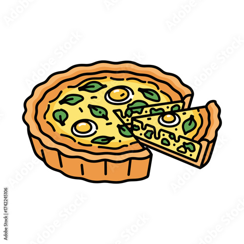 Delicious quiche with a slice cut out ready to eat food illustration.