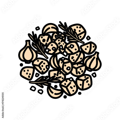 Fresh ingredients for cooking garlic rosemary and diced vegetables.