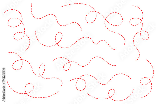 Hand drawn curve dotted line, Spiral dotted line hand drawn, Dotted lines path on white background. Path travel dotted line trip dashed trace destination track plan and silhouette, travelling symbol.