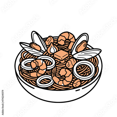Delicious seafood pasta dish with shrimp mussels and squid rings in a bowl.