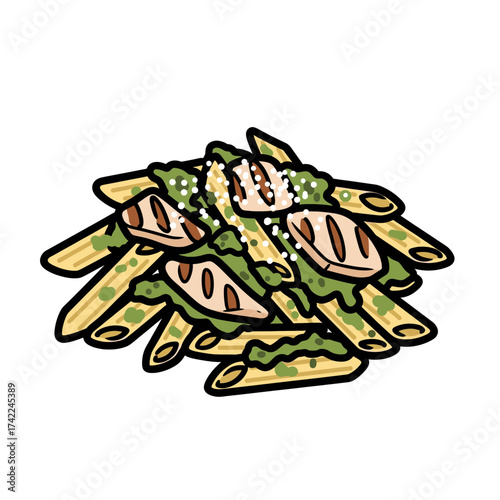 Delicious pasta dish with pesto and grilled chicken a culinary delight.
