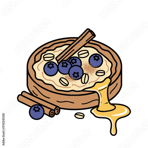 Delicious Oatmeal with Blueberries Cinnamon Sticks and Honey Drizzle.
