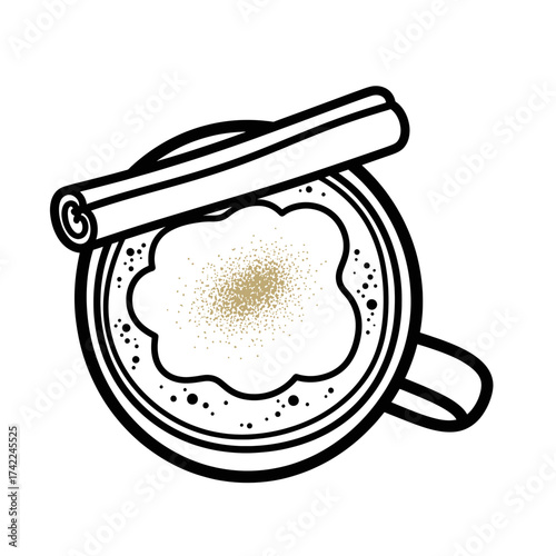 Coffee cup with cinnamon stick on top overhead view black and white illustration.