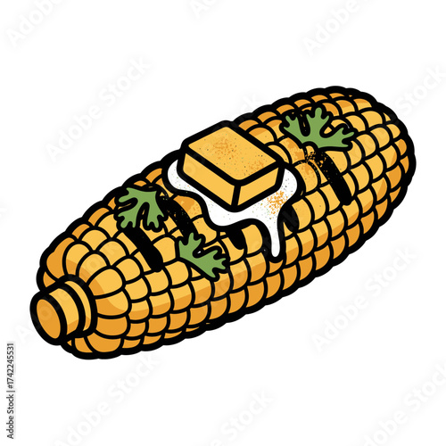 Delicious grilled corn on the cob with melting butter and herbs.