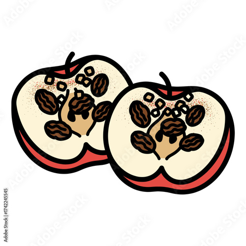 Two apple halves with raisins and spices a delicious and healthy snack.