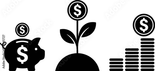 Financial growth symbolized by a piggy bank, a money plant, and stacked coins.