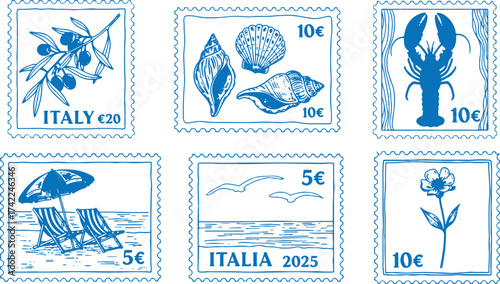 Collection of six blue ink stamp illustrations with Italian themes