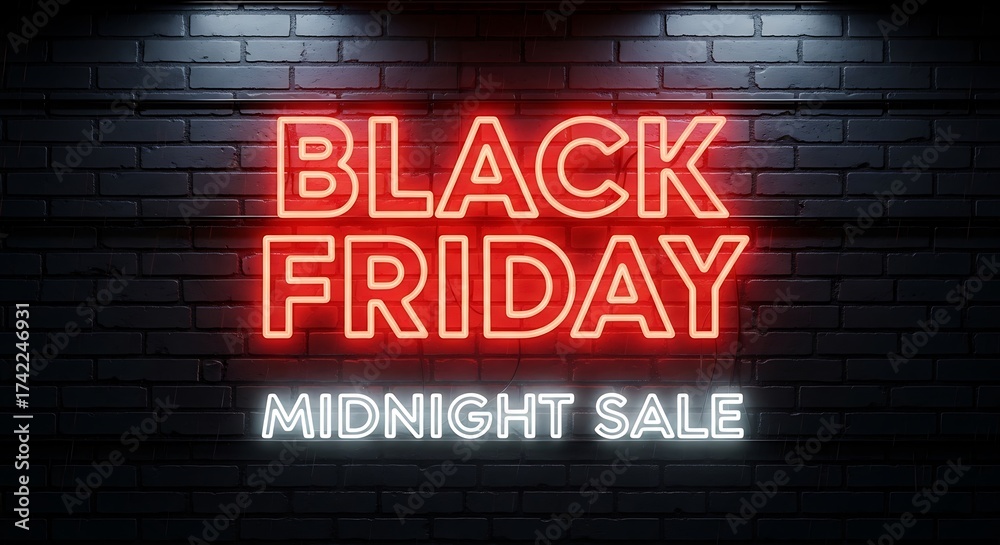 Obraz premium Black Friday Neon Sign Midnight Sale Bright Red and White Lights on Dark Brick Wall