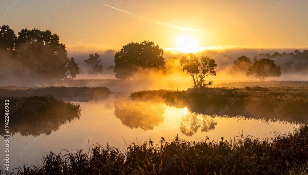 Obraz premium Golden sunrise over tranquil lake with mystical fog, nature's beauty with light reflecting on water, serene landscape photography, calm morning scene, peaceful and dreamy, nature photography