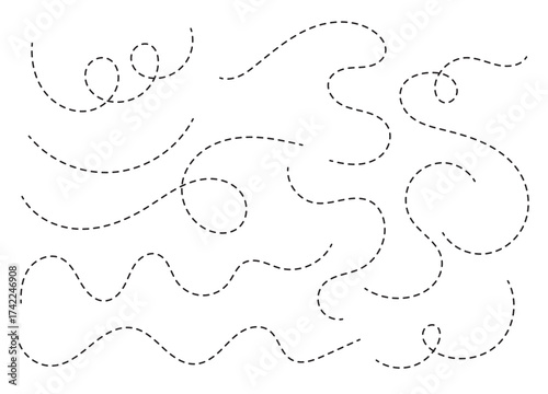 Hand drawn curve dotted line, Spiral dotted line hand drawn, Dotted lines path travel, dotted line trip dashed trace destination track plan and silhouette, travelling symbol. Vector illustration